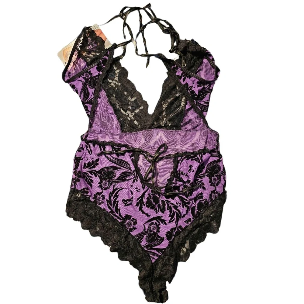 NWT SEVEN TIL MIDNIGHT Purple Black Flocked Lace Lingerie‎ Womens Size 1X/2X